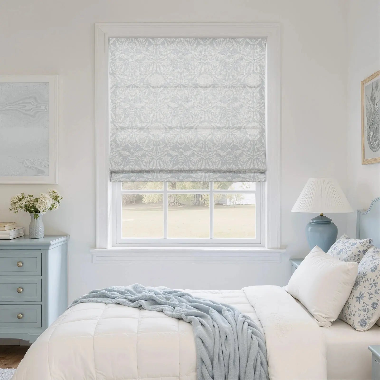 Leah Berin Dandelion Blockprint Cotton Roman Shade Cordless