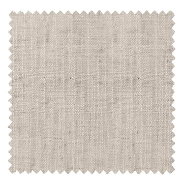 Photograph of a light greige linen-look fabric swatch featuring a textured slub weave, subtle heathered darker specks, and decorative zigzag pinking shear edges