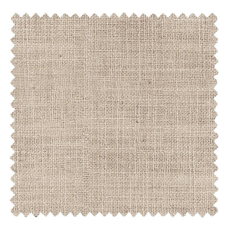Fabric swatch showcasing a natural beige woven linen-like textile with a coarse texture and distinct pinking shear edges