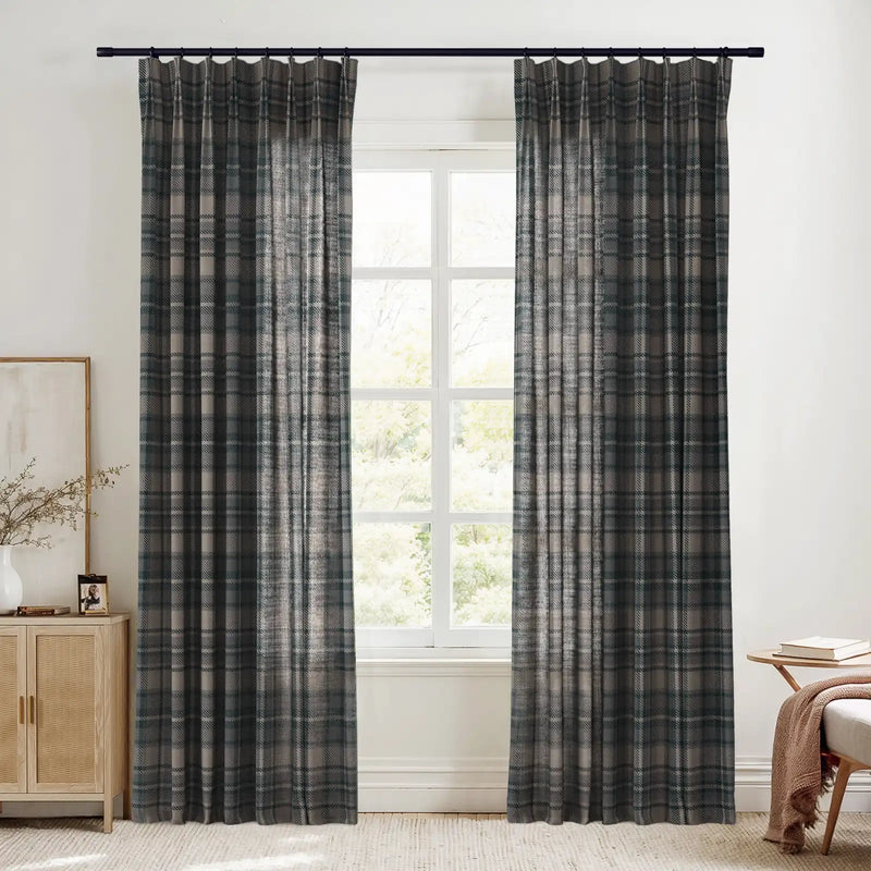 Sara Le Linen Raisin Plaid Print Pinch Pleat Curtain Unlined TWOPAGES