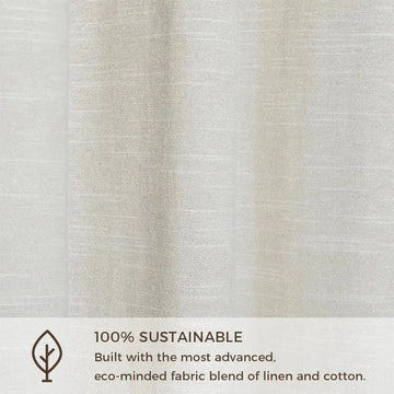 Close-up photograph of a light beige sustainable linen and cotton blend fabric showcasing a subtle textured weave and the text 100% Sustainable with a leaf icon