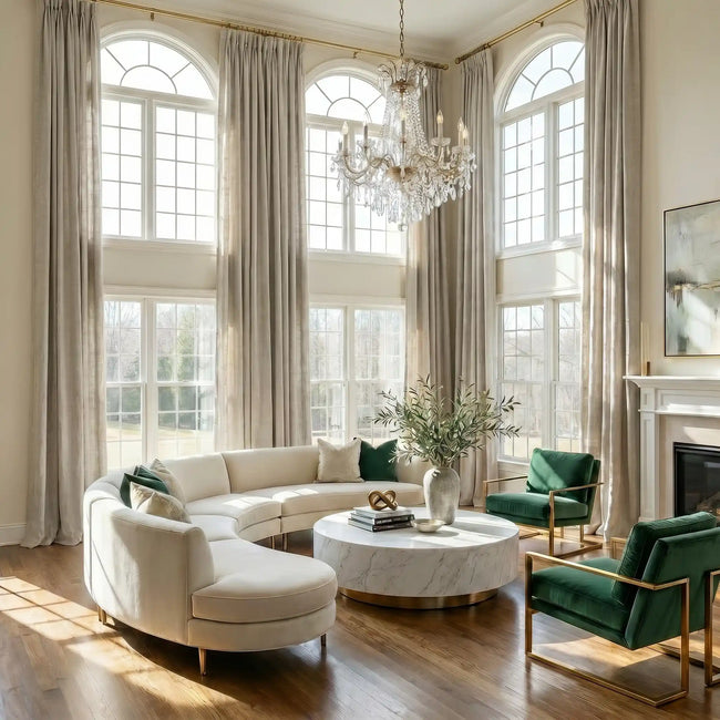 Luxurious living room with large windows, a chandelier, and modern furniture.