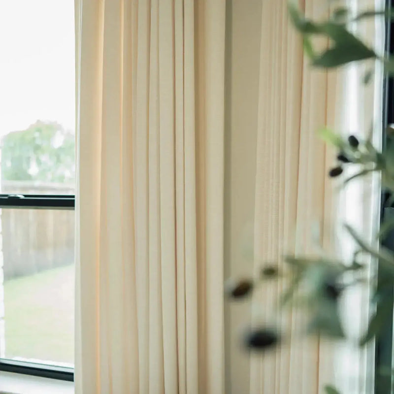 Photograph of an interior window framed by cream-colored pleated curtains, offering a glimpse of a green lawn and wooden fence outside, with a blurred green leafy plant adorned with dark berries partially obscuring the view