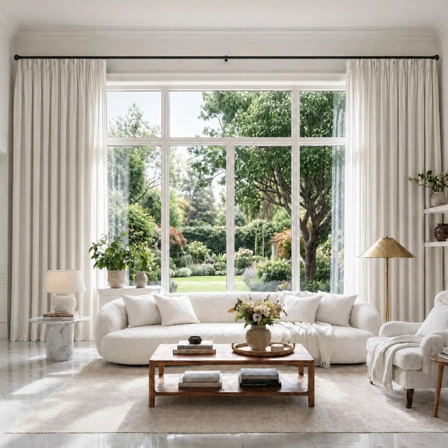 Modern living room with white furniture, large windows, and a view of greenery outside.
