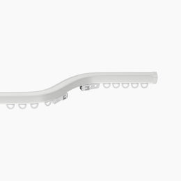 A white curved curtain track with D-shaped runners, discrete mounting clips, and a sleek end cap