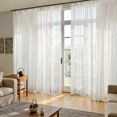 Florida Embossed White Semi Sheer Curtain Pleated -TWOPAGES